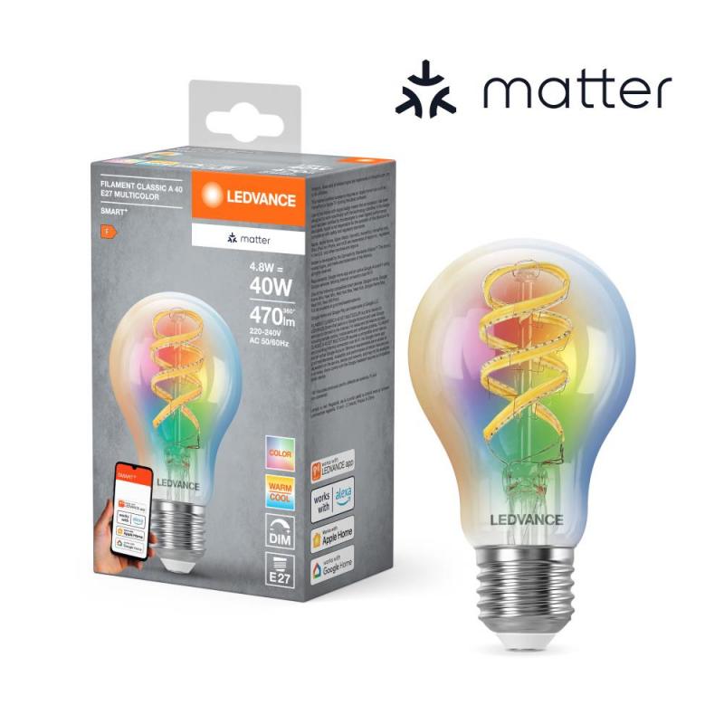 Ledvance E27 SMART+ MATTER LED-Lampe, kompatibel mit Google, Alexa, Apple 4,8W Multicolor 2700-6500K